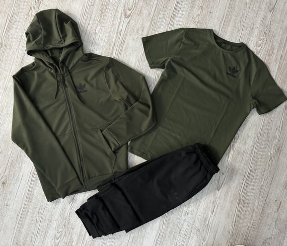 Комплект 3 в 1 Демісезонний спортивний костюм Adidas кофта на змійці хакі + чорні штани (двонитка) + Футболка хакі Adidas