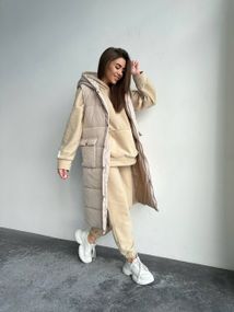 Женский длинный теплый жилет с капюшоном DA377 цвет бежевый, размер 42/44