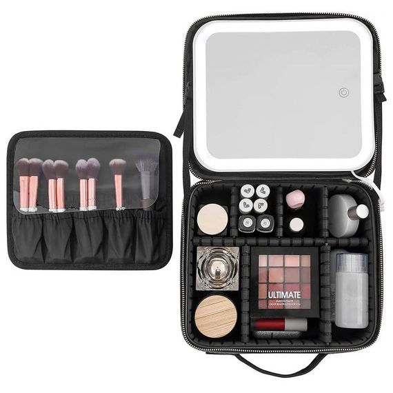 Портативна косметичка органайзер дорожній бьюті кейс з ручкою для з дзеркалом та LED-підсвічуванням рожевий | Зображення 2