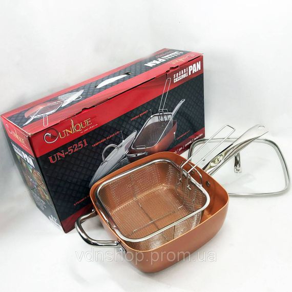 Сковорода-фритюрниця UNIQUE UN-5251 квадратна антипригарна з пароваркою та каструлею + скляна кришка 24 см UP-84 | Зображення 1