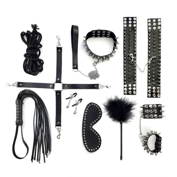 BDSM-набір Art of Sex – Spikes BDSM Set Leather, 10 предметів, чорний, натуральна шкіра | Зображення 1
