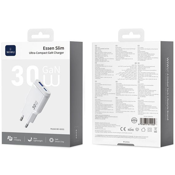 СЗУ WIWU G033 Essen PD30W+QC3.0 GaN (1USB-A/1C) White | Зображення 4