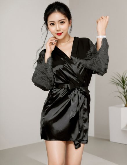 Халат чорний під пояс та довгими мереживними рукавами Star Night стрінги в комплекті, XS/S sexstyle