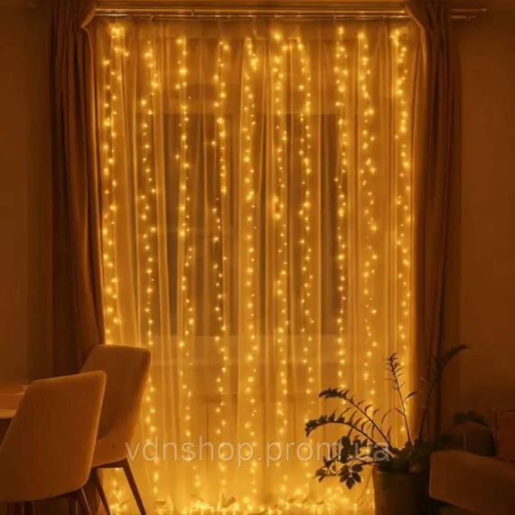 Новорічна гірлянда кімнатна штора роса Хвойна лапа 3х3 м 600 LED Жовте світло D600LED3MY | Зображення 2