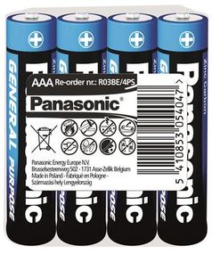 Батарейка Panasonic GENERAL PURPOSE угольно-цинковая AAA(R3) пленка, 4 шт. (R03BER/4PR)