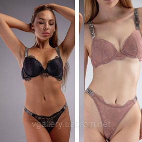 Мереживний комплект зі стірнгами Victoria`s Secret зі стразами  Вікторія Сікрет - Мереживо  - Чорний 80В