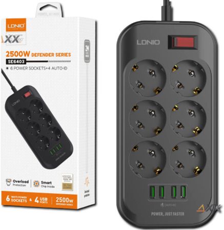 Мережевий подовжувач з 6 розетками та 4 USB-портами LDNIO SE6403 (22011-01_407)
