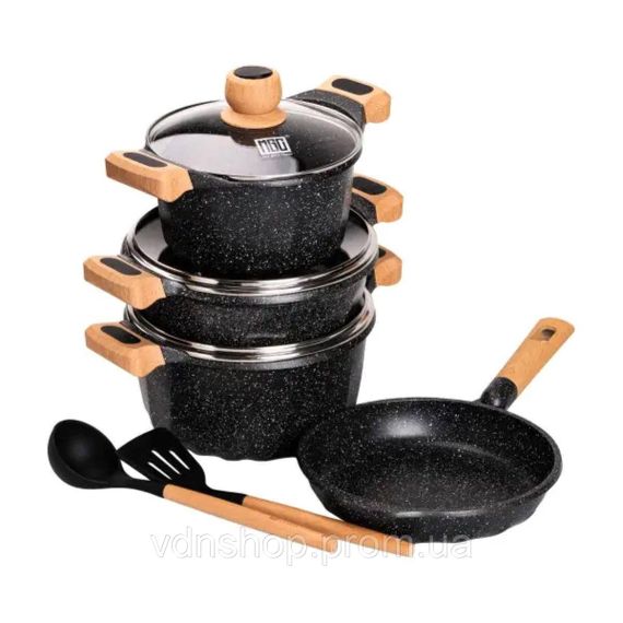 Набір посуду, 3 каструлі, з товстодонною алюмінієвою лопаткою та ополоником MGC, чорний HP-4-401B