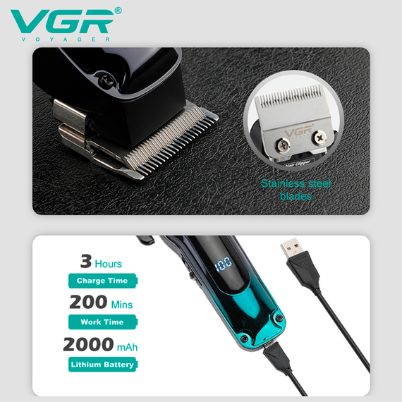 Аккумуляторная машинка для стрижки VGR V-013 GREEN, 8 насадок, 6500 RPM, 2000 mAh, LED дисплей | Зображення 6