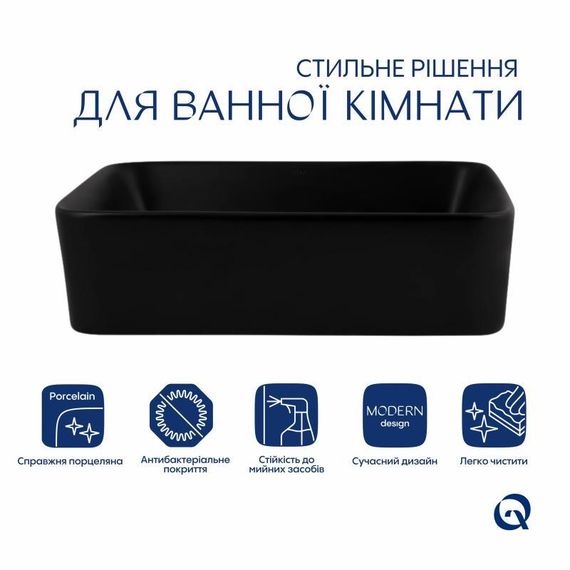 Комплект Qtap Tern: Раковина накладна прямокутна 480х370х135 мм Matt Black + Донний клапан PU03 | Зображення 2