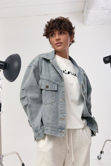 Джинсова жіноча куртка з накладними кишенями - блакитний цвет, ONE SIZE (є розміри)