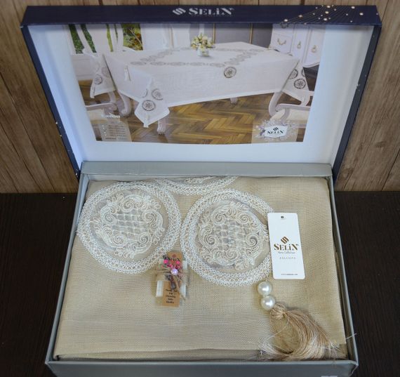 Льняная скатерть Selin Cansu 160×300 Бежевая | Зображення 2