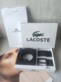 Чоловічий шкіряний набір Lacoste ремінь+ дві пряжки black