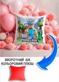 Подушка плюшева Мерч Крафт Дизайн з принтом minecraft 3 імя Яна червоний плюш квадратна 33х33 см