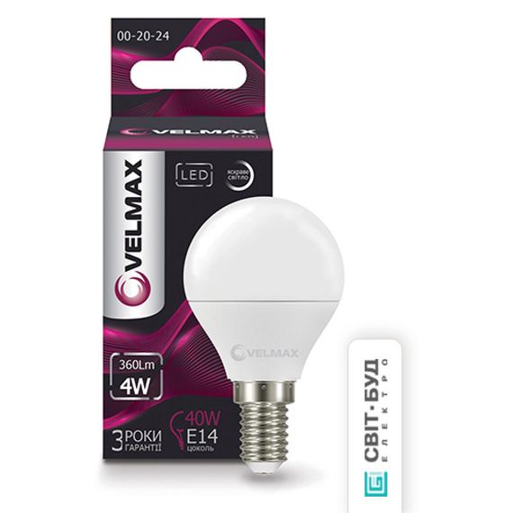21-12-07 LED лампа Velmax V-G45, 4W, E14, 4100K, 360Lm, кут 220°