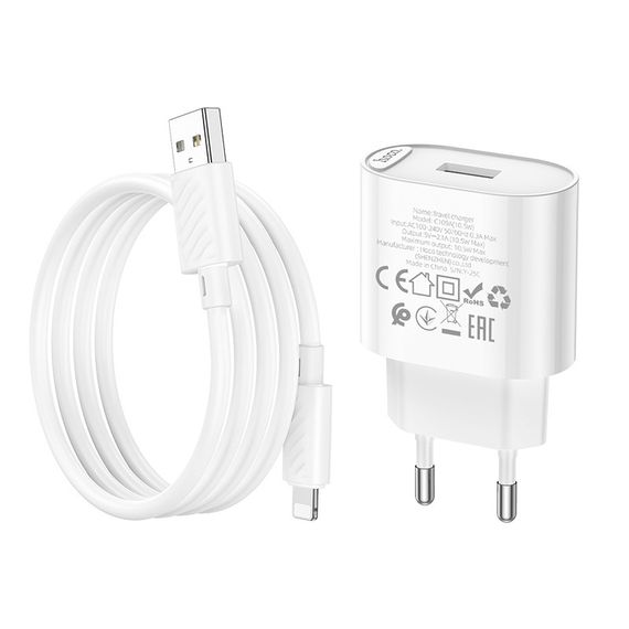 Набір СЗУ 110-240V HOCO C109A 1xUSB+кабель Lighting, 2.1A, кабель 1м