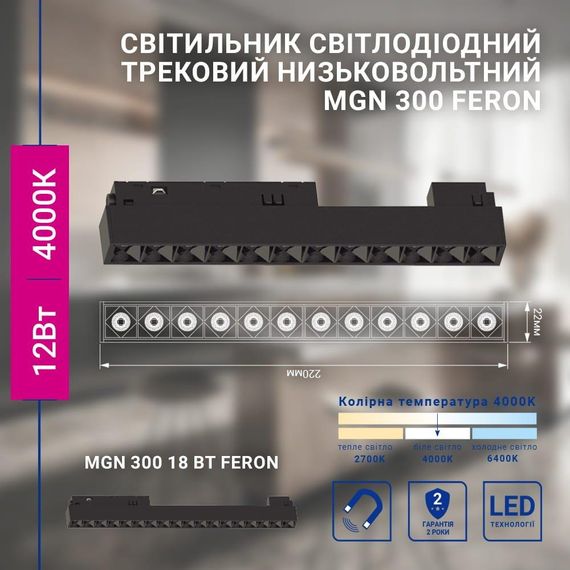 Світлодіодний магнітний трековий світильник Feron MGN300 12Вт 4000K чорний | Зображення 2