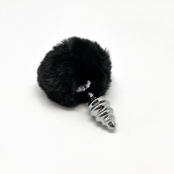 Металева анальна пробка Кролячий хвостик Alive Fluffy Twist Plug S, Чорний | Зображення 1