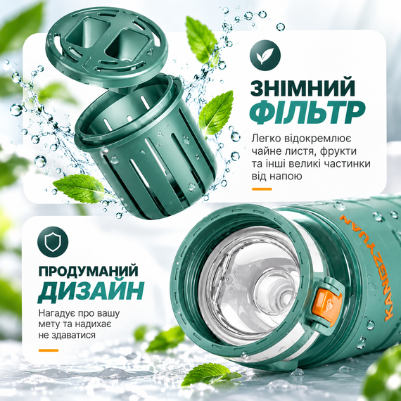 Спортивна пляшка KANGZYUAN 700 мл — зелена Tritan BPA-free, ударостійка пляшка для води з фільтром та ремінцем | Зображення 4