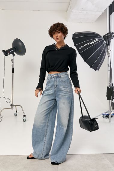 Вільний лонгслів з мереживом - чорний цвет, ONE SIZE (є розміри) | Зображення 2