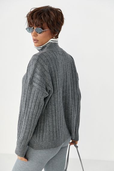 В'язана кофта-поло в широкий рубчик - сірий цвет, ONE SIZE (є розміри) | Зображення 1