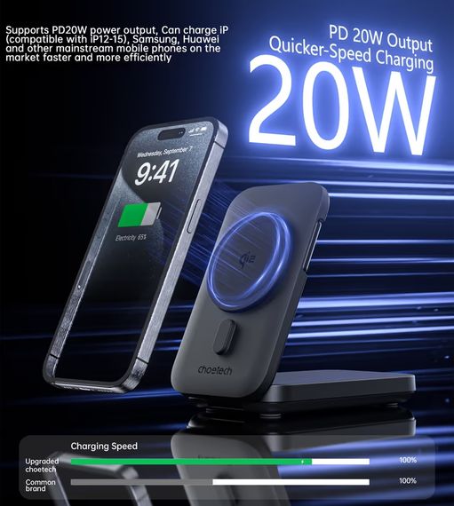 УМБ Choetech Magnetic Wireless 10000mAh 20W PD,QC USB-C,USB-LightningQi-2 15W,AppleWatch charg Black | Зображення 1