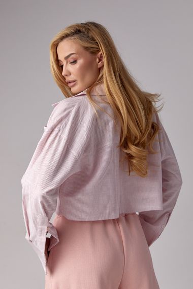 Укороченная рубашка в полоску с надписью Miu Miu - розовый цвет, L (есть размеры) | Зображення 1
