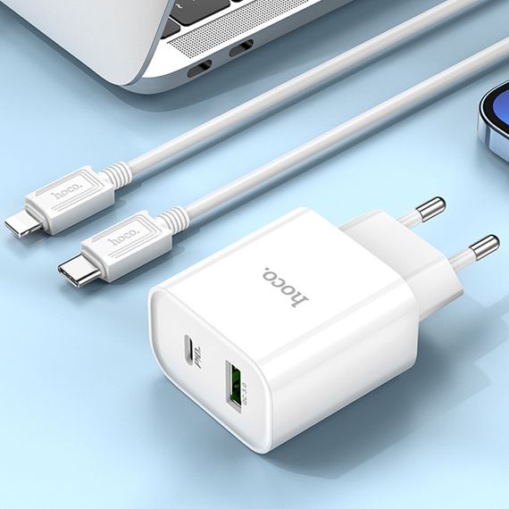СЗУ Hoco C80A Plus Rapido PD20W+QC3.0 (1USB-A/1C) + кабель Type-C to Lightning White | Зображення 6