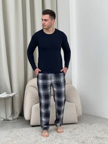 Домашній піжамний комплект для чоловіків COSY(штани+лонгслів НН) темно-синій/сірий