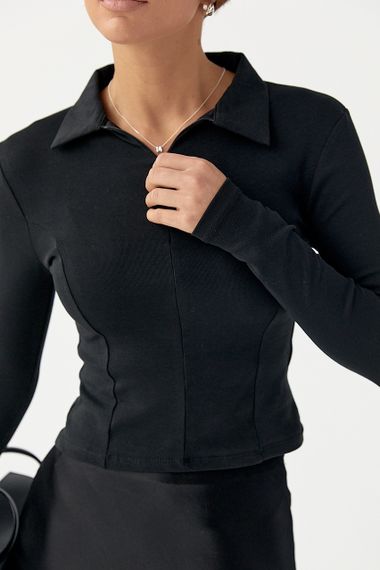 Укорочений лонг-поло із блискавкою на горловині - чорний цвет, S (є розміри) | Зображення 3