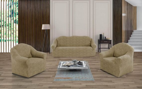 Жаккардовый чехол на диван + 2 кресла Volna без юбки Песочный