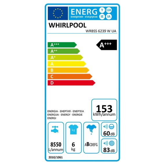 Пральна машина Whirlpool фронтальна, 6кг, 1200, A+++, 43см, дисплей, інвертор, люк чорний, білий (WRBSS6239WUA) | Зображення 6