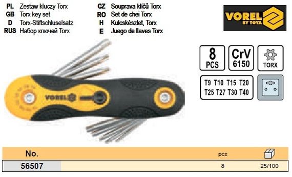 Набор ключи шестигранные Польша шестигранки TORX Т9-Т40 8 штук VOREL-56507