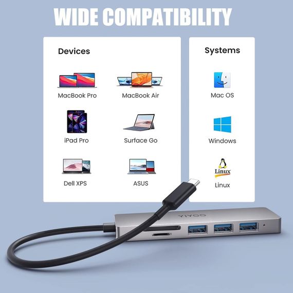 YIYOO 6-в-1 USB-C хаб, HDMI 4K@30Hz, 3x USB 3.0, SD/TF, адаптер для MacBook, Surface, XPS, PS5, Xbox, ноутбуків | Зображення 3