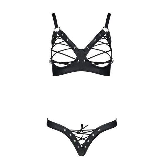 Комплект из экокожи Passion CELINE BIKINI 6XL/7XL black, открытый бра, стринги со шнуровкой | Зображення 2