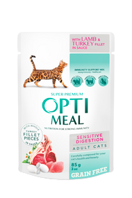 optimeal Беззерновий повнораціонний консервований корм  для дорослих котів з чутливим травленням  з ягням та індичим філе у соусі 85 г