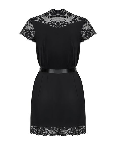 Сатиновий відкритий пеньюар на поясі Obsessive 810-PEI–1 peignoir black, чорний, 2XL/3XL | Зображення 5