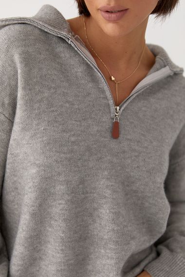 В'язаний однотонний светр із блискавкою - сірий цвет, ONE SIZE (є розміри) | Зображення 3