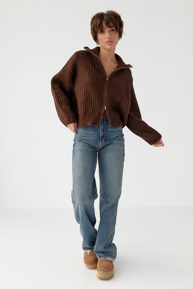 Кардиган на блискавці з крупної в'язки - коричневий цвет, ONE SIZE (є розміри) | Зображення 2