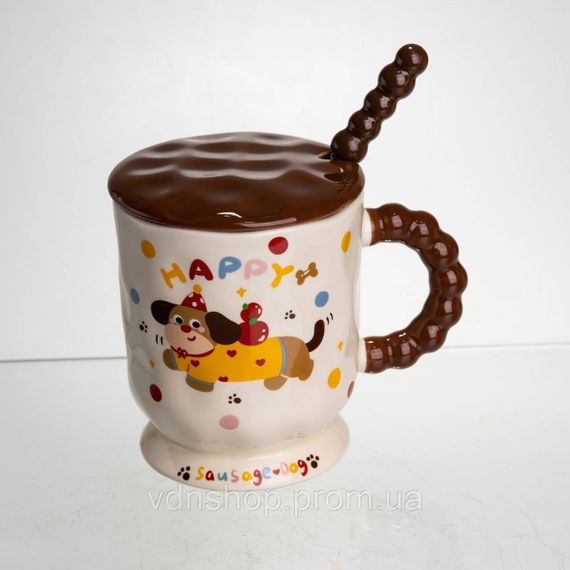 Новорічна порцелянова чашка "Весела Такса" з кришкою та ложкою 400 мл, Святкова кружка чашка для дітей на подарунок FM-17A | Зображення 1