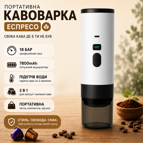 Портативная кофеварка эспрессо с подогревом воды 18 бар аккумуляторная 7800mAh для капсул и молотого кофе. Белая