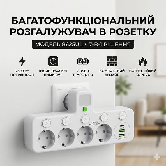 Мережевий адаптер 8625UL з нічником, 4 розетки + USB + Type-C (17559/MG) Білий | Зображення 5