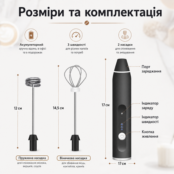 Портативний капучинатор Milk Frother 3 в 1 з 3 швидкостями та змінними насадками, акумуляторний спінювач молока 1200 мА·год USB, | Зображення 3