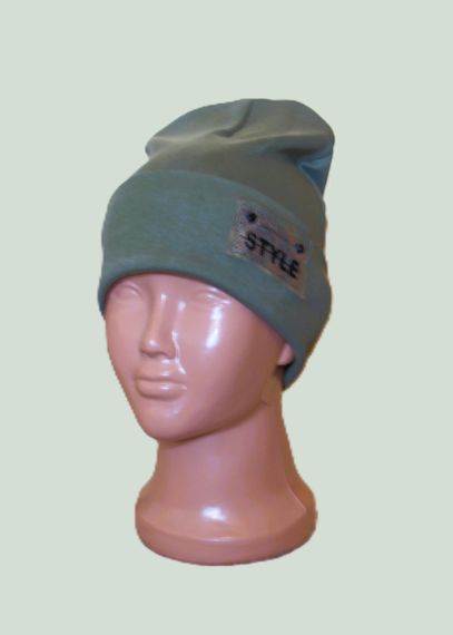 Шапка дитяча 5-12 років 52-54см подвійна с емблемою хакі Style з відворотом весна/осінь бавовна | Зображення 1
