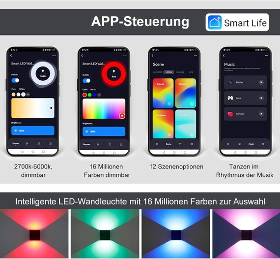 Настінний світильник світлодіодний смарт SNADER 6W LED RGB WiFi квадратний для дому та вулиці, управління додатком та голосом | Зображення 3
