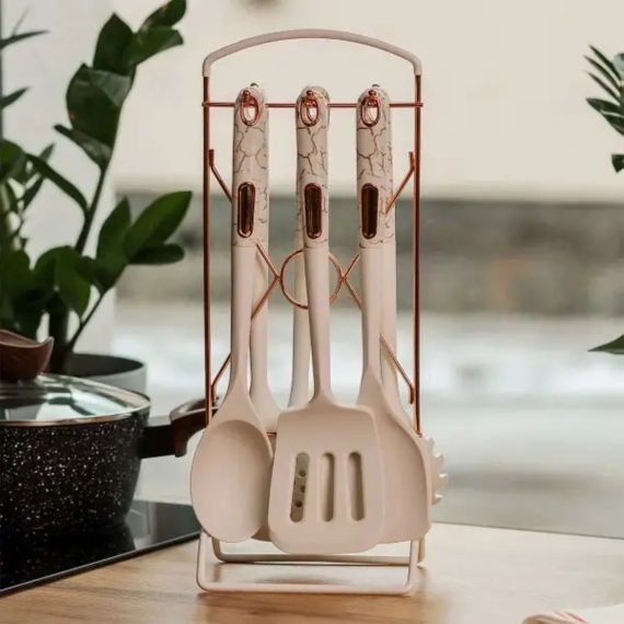 Набір кухонного приладдя на підставці 6 штук кухонні аксесуари Чорний під мармур YRUR5 | Зображення 1