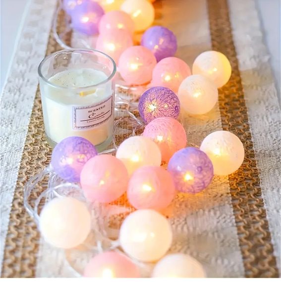 Гірлянда Cotton Balls "Бавовняні кульки" 20 куль    Мікс  кольори ( рожевий,білий,фіолетовий)