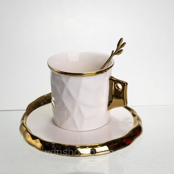 Чашка фарфоровая для кофе 200 (мл) с блюдцем и ложкой, красивая чашка в подарок Белый с золотом FM-1B | Зображення 3