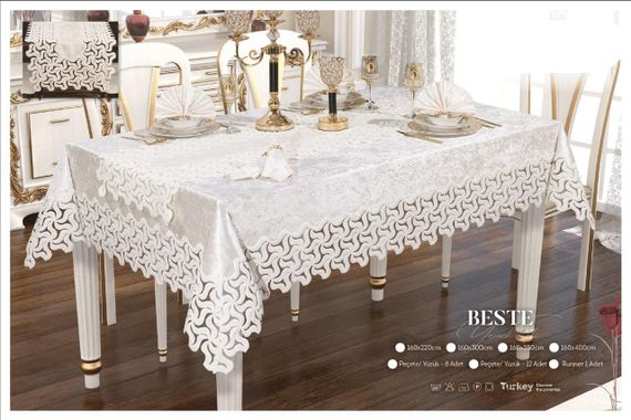 Велюрова скатертина з ранером Selin Beste Set 160×220+8 серветок кремова