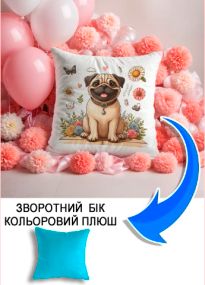 Подушка плюшева Мерч Крафт Дизайн з принтом мопс 3 блакитний плюш квадратна 33х33 см